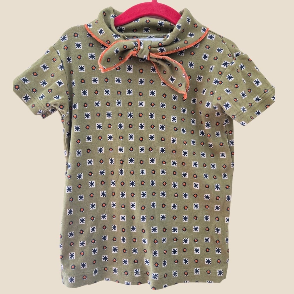 Misha & Puff Olive Green Geometric Print Sailor Tie Top Organic Pima Cotton 6y